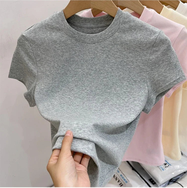 Zjaiss 2026 O-Neck Fashion T-Shirt Summer Sexy Basic Top Solid Short Sleeve Womens Tshirt Casual Korean Tee Streetwear