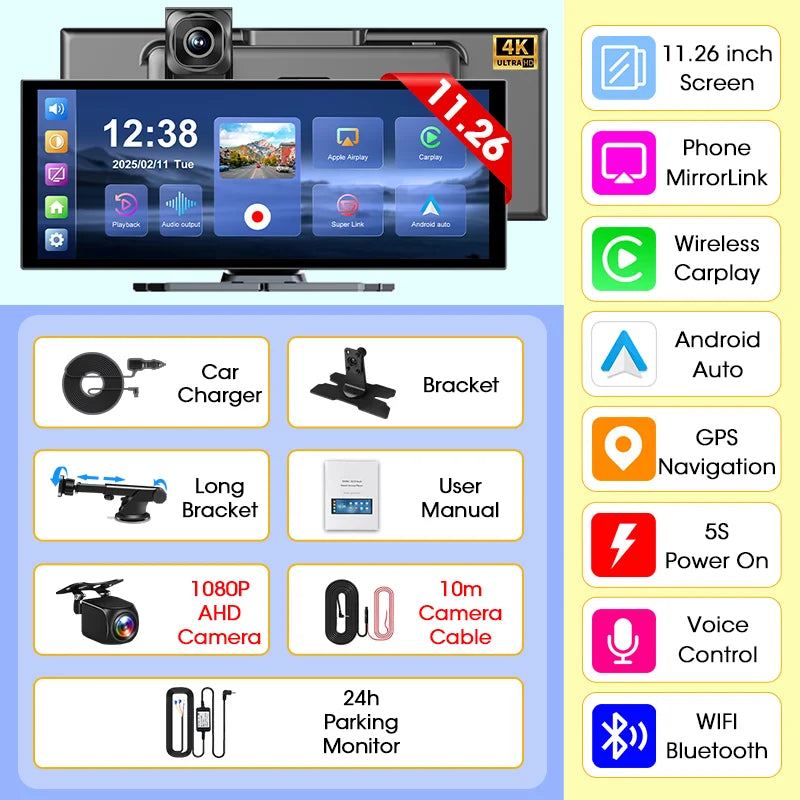 Develuck 11.26" 4K Portable Dash Cam & CarPlay Screen — Wireless Android Auto, 5G WiFi, GPS Navigation