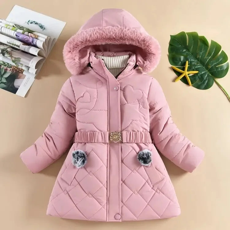 Girls' Hooded Winter Coat with Belt - Plush Lined Heavy Jacket