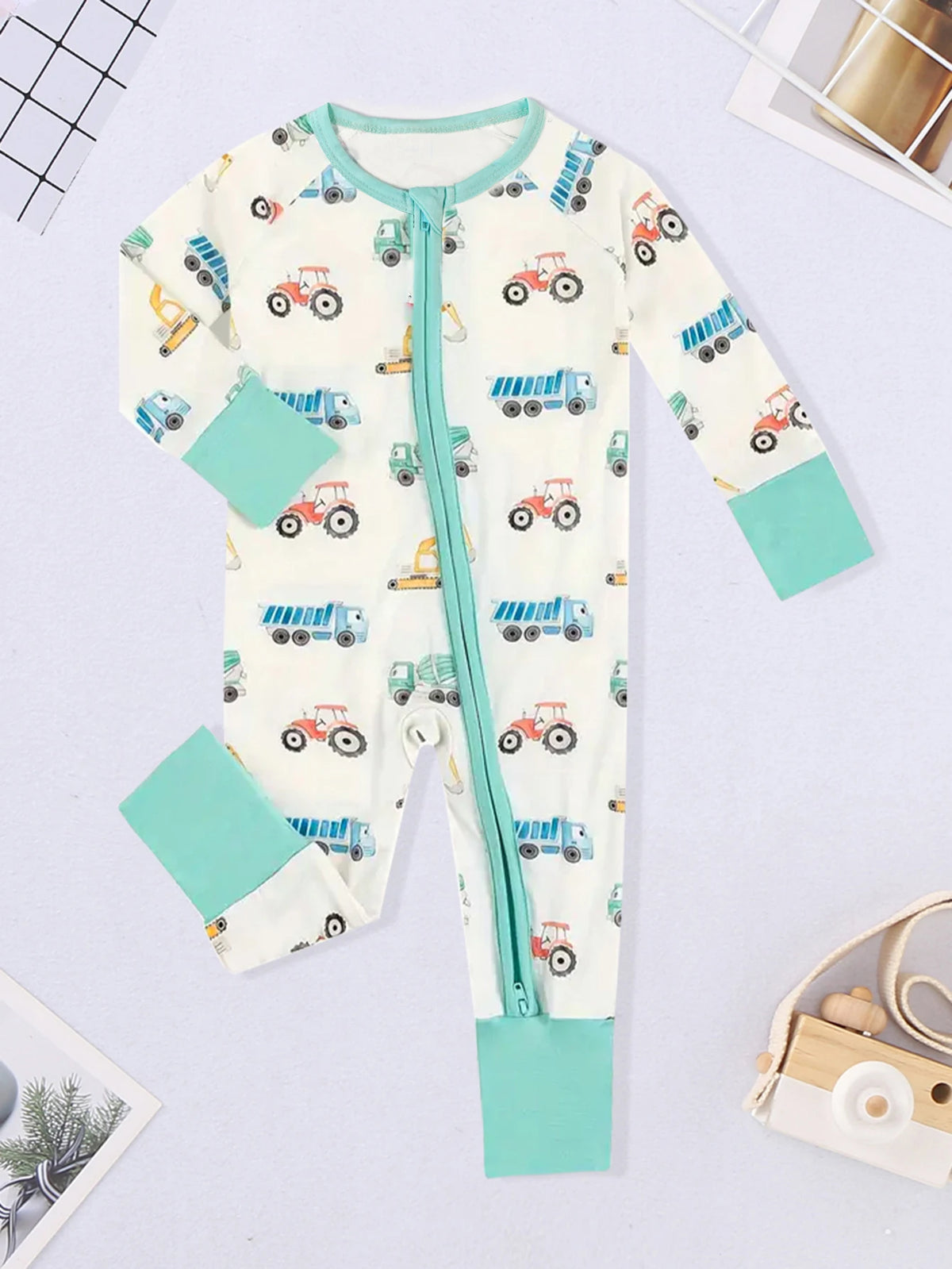Baby Boy Bear Print Romper - Long Sleeve Button-Front Onesie - photo 17