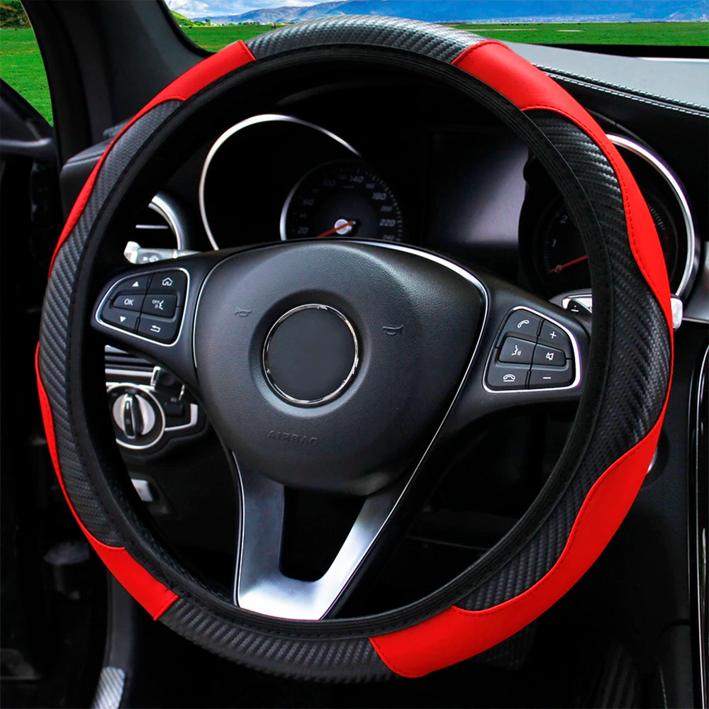 Carbon Fiber PU Leather Steering Wheel Cover – Universal Fit 14.5–15 Inch | Anti-Slip Car Interior Accessory