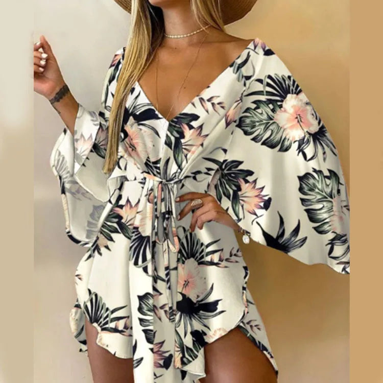 Women's Floral Print Bohemian Beach Sundress – V-Neck Bat Sleeve Ruffle Loose Summer Mini Dress