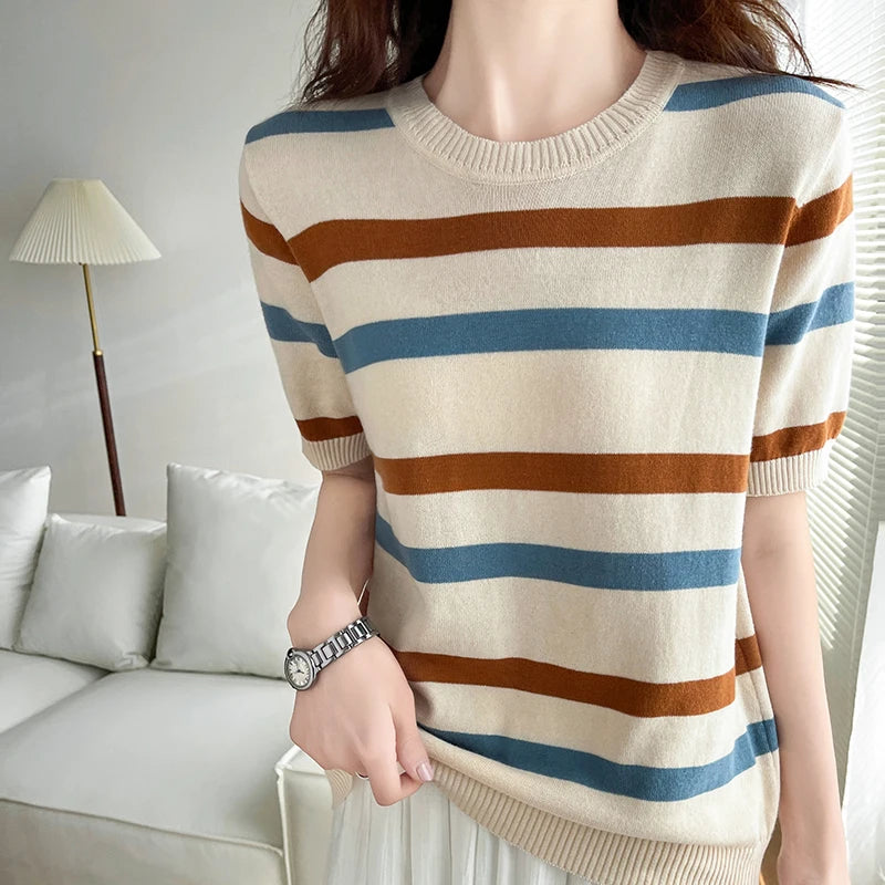 Women's Striped Knit T-Shirt — 100% Cotton Round-Neck Loose Pullover Top