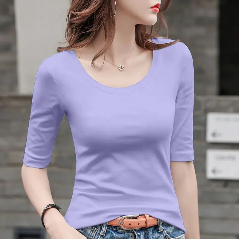 MRMT Women's White Mid-Sleeve Bottoming T-Shirt – Half Sleeve Tight O-Neck Top 2026