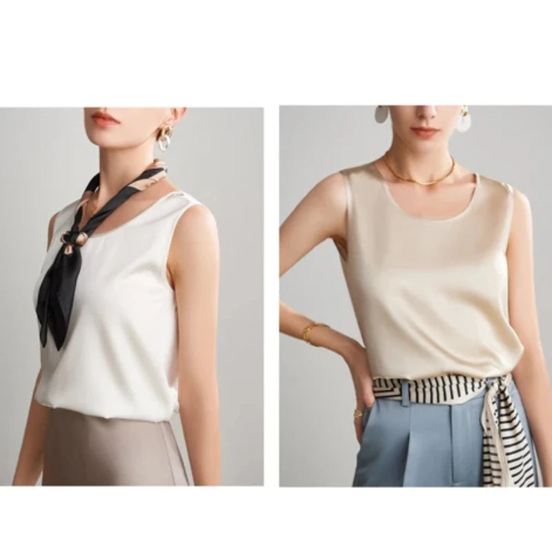 Summer Satin Mulberry Silk Tank Top Casual Versatile Champagne Tops Woman 2026 New Fashion Elegant Vest Loose Sleeveless T-shirt