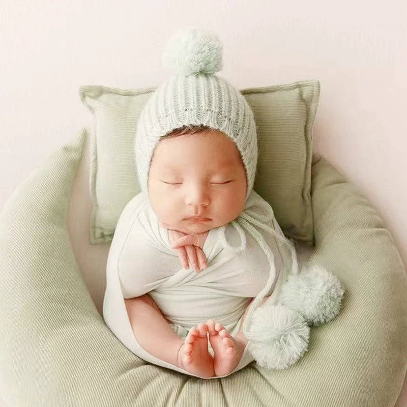 Newborn Pixie Pom Pom Bonnet - Knit Baby Photo Prop Hat - photo 3