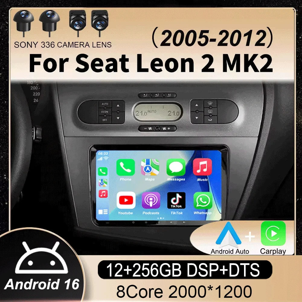Car Radio Android 16 Navigation GPS Carplay For Seat Leon 2 MK2 2005-2012 Multimedia Video Player Stereo DSP 360 Camera Wifi 4G