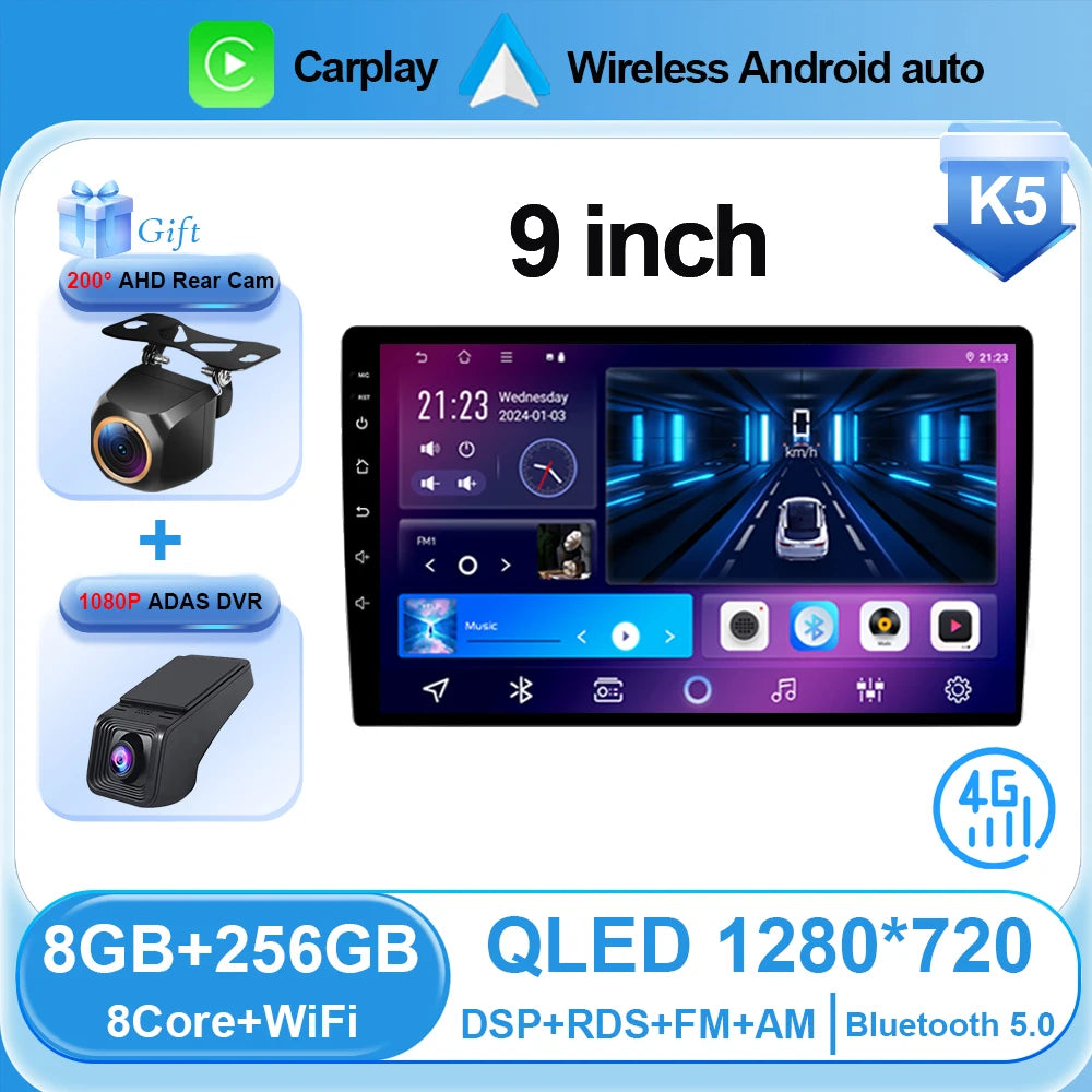 Universal 2-DIN Android Car Stereo (9"/10") — CarPlay, Android Auto, GPS, QLED Screen, Bluetooth