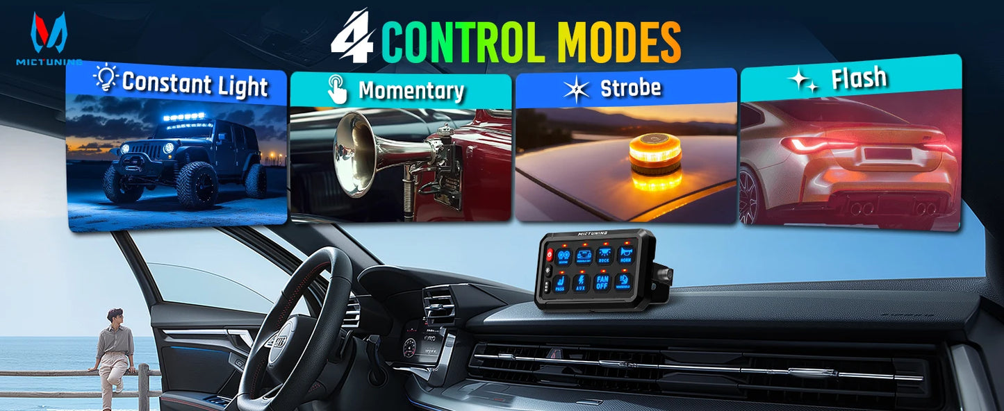 MICTUNING P1S-R 6/8 Gang Switch Panel RGB Colors Adjustable Brightness Switch Momentary Circuit Control Relay System Box For SUV