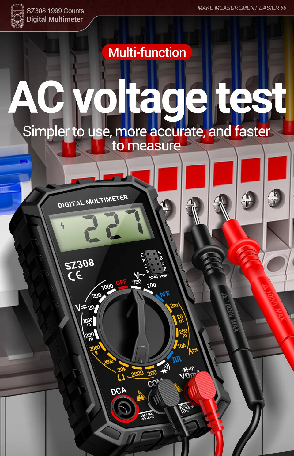 Digital MultimeterAC/DC Current Voltage Resistance Meter Meter Electrician LCD Backlight Ohm Square Wave Test tools ANENG SZ308