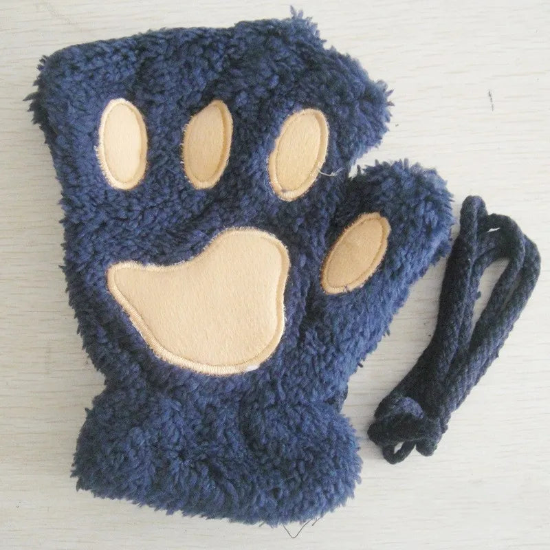 Women's Cat Paw Plush Mittens, Fingerless