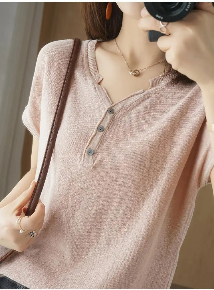 Summer 100% pure cotton women's T-shirt V-neck knitted short sleeved loose Tees solid color pullover button Tops basic versatile