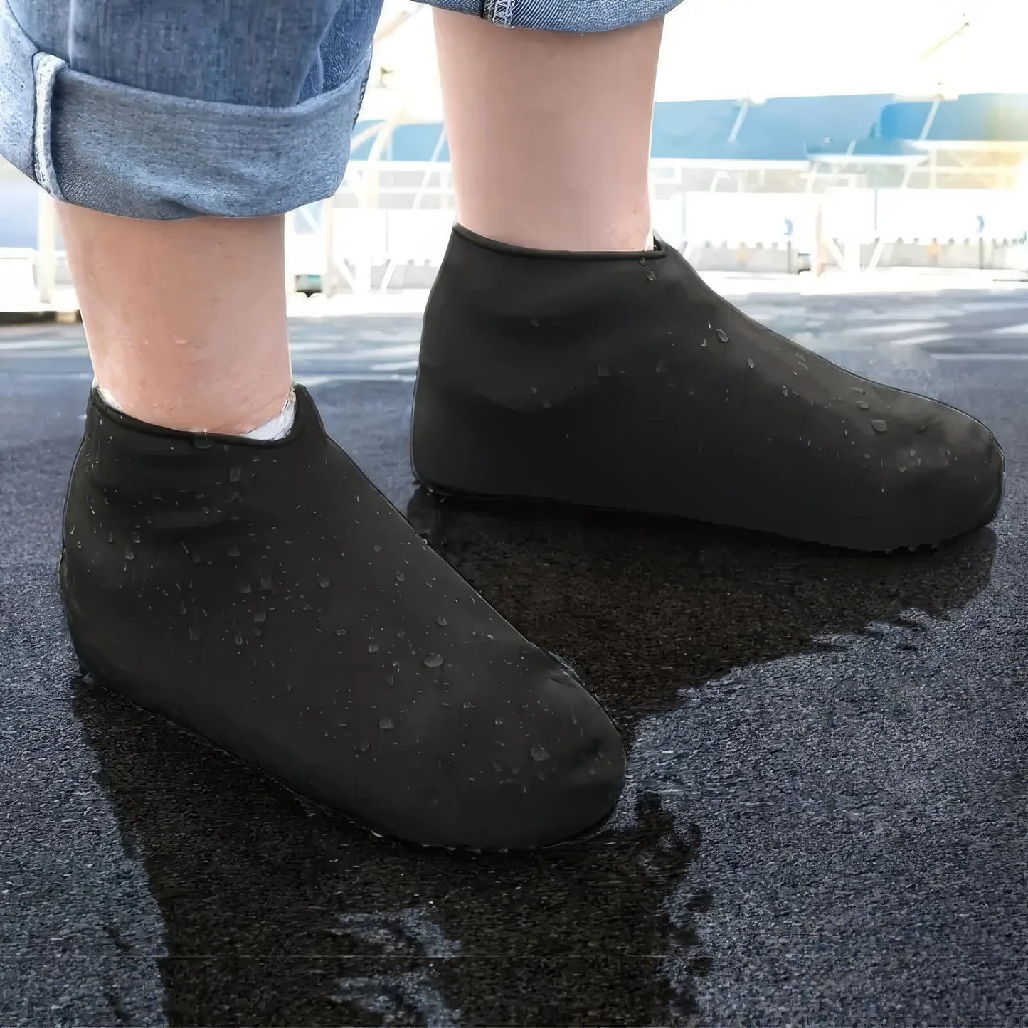 Black Latex Waterproof Shoe Covers - Heavy Duty Anti-Slip Rain Boots for Hiking, Cycling & Daily Use