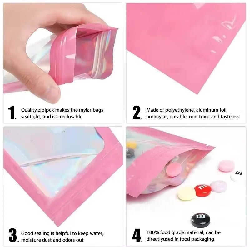 100Pcs Holographic Ziplock Bags Plastic Laser Iridescent Zip Bags for Manicure Eyelash Display Earrings Ring Jewelry Storage Bag