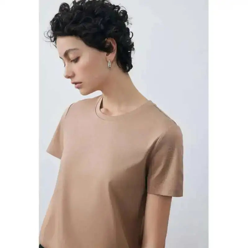 Women's Luxury Mulberry Silk Cotton T-Shirt – Loose Round Neck Short Sleeve Solid Basic Top