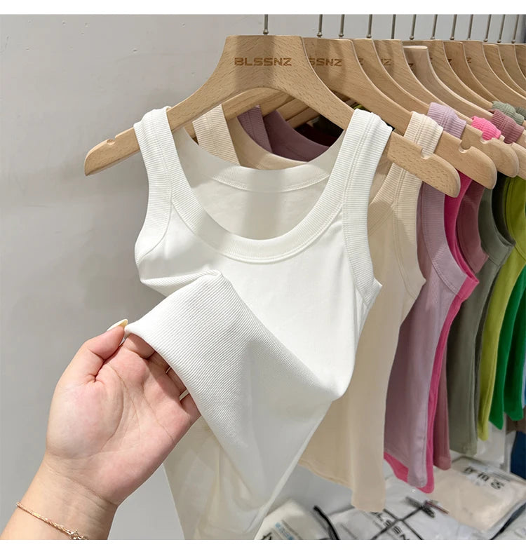 AOSSVIAO Women Solid Round Neck Ribbed Tank Top Camisole Women 2026 Summer Basic Elastic Tank Top O Neck Solid Tank Top