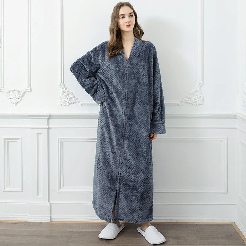 Women's Long Zip-Up Flannel Bathrobe, Plus Sizes
