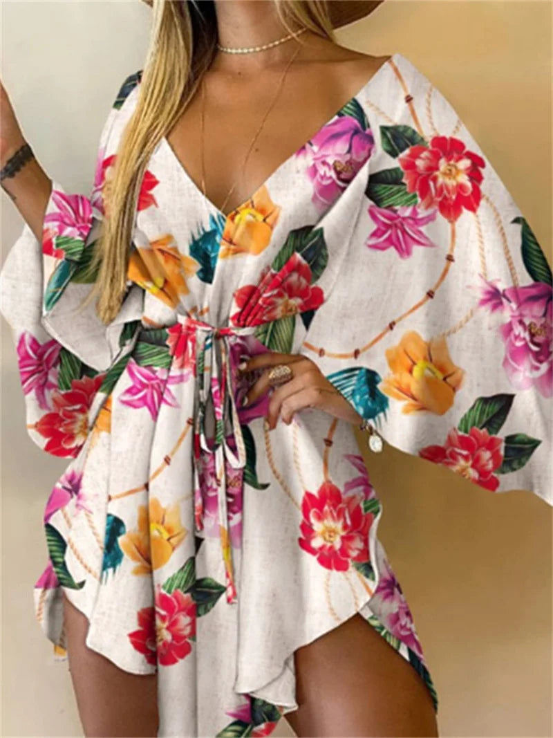 Women's Floral Print Bohemian Beach Sundress – V-Neck Bat Sleeve Ruffle Loose Summer Mini Dress