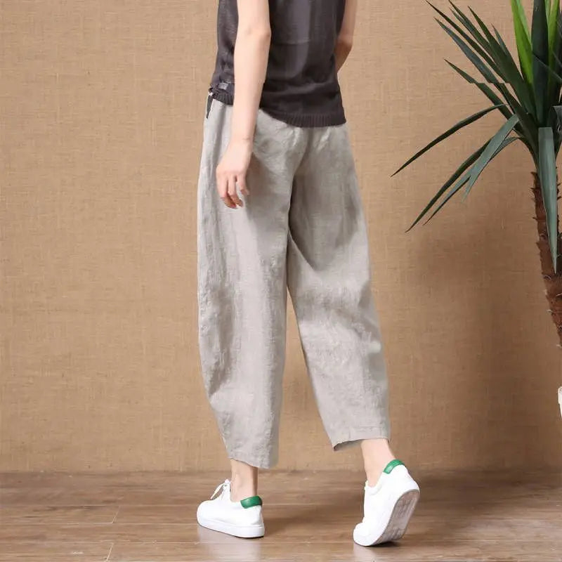 Loose Wide Leg Cotton Linen Pants High Waist Nine Points Women's plus Size Summer New Sle Casual Trousers Versatile Loose Fit