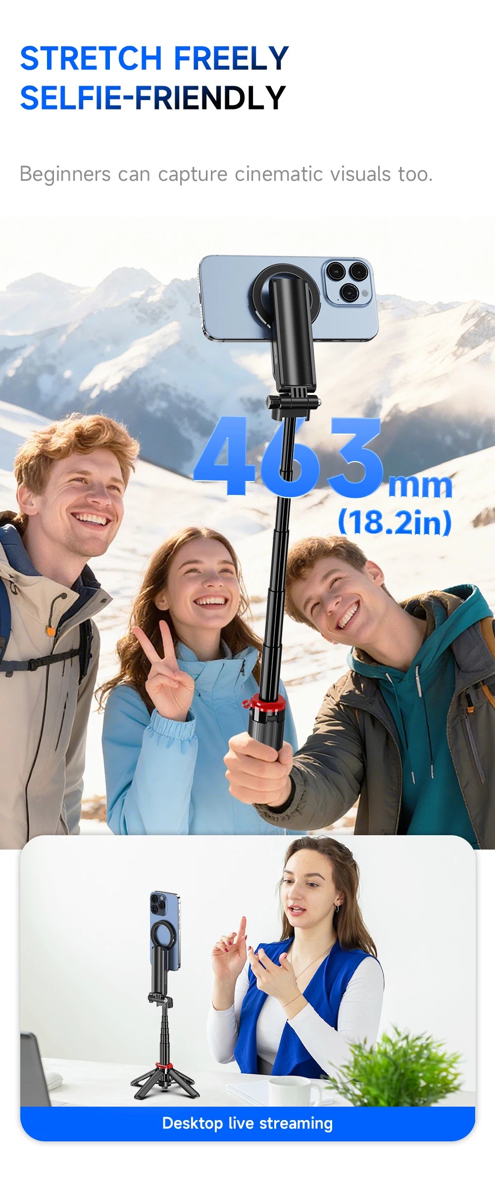 Mini Magnetic Selfie Stick Tripod Removable Remote Control Quadrapod Holder 360° Rotation for iPhone 16 15 14 13 12 Vlog Live