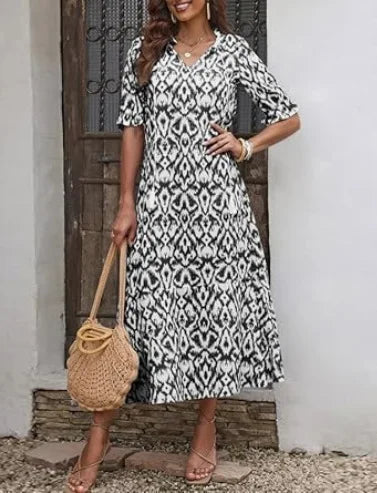 Women's Boho Maxi Dress – Casual V-Neck Drawstring Long-Sleeve Printed Bohemian Dress