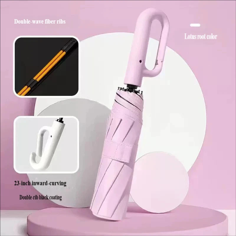 Large Automatic Ring Buckle Folding Umbrella • Business Custom • Black Glue • Windproof • Sun & Rain Dual-Use