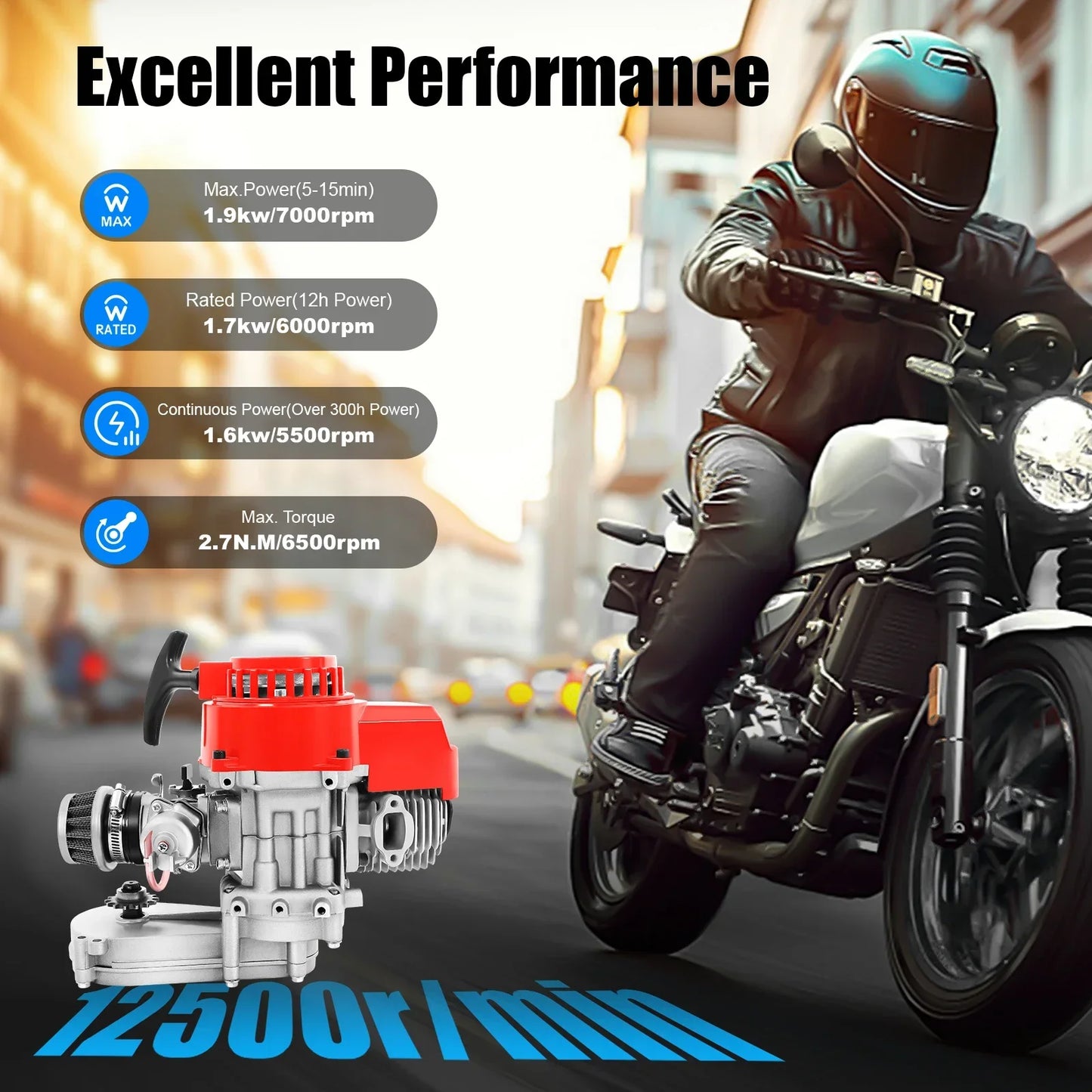 49cc 2-Stroke High-Performance Gas Engine – Single-Cylinder Pull-Start Motor for Pocket Quads, Mini Bikes & Racing Motorcycles