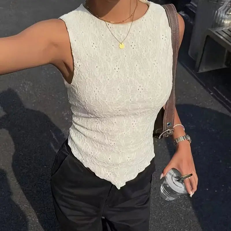 Women's Y2K  double-layer lace slim shoulder strap vest - asymmetrical hem, round neck, lightweight summer shirt,