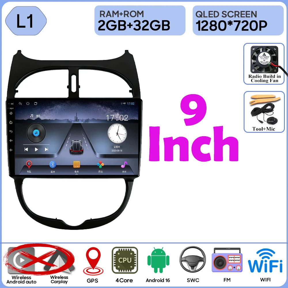 Android 16 Car Radio For Peugeot 206 206CC 1998-2012 Car Stereo Bluetooth 4G Wifi GPS Navigation Screen Wireless Carplay Monitor