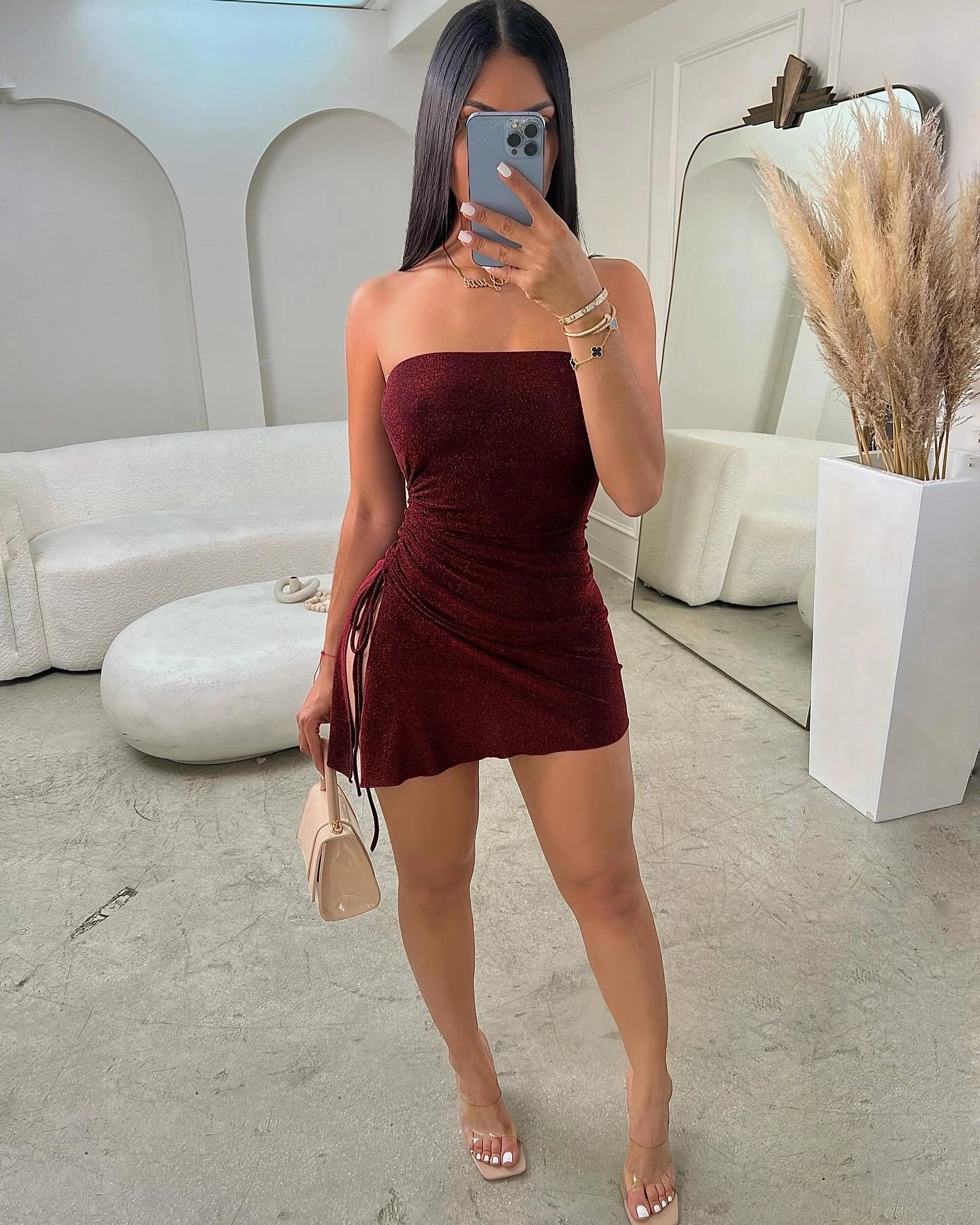 Women's sexy hip hugging dress with shimmering pink strapless dress