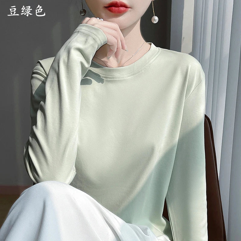 Spring And Summer New Mercerized Cotton Long Sleeve T-shirt Women's Round Neck Loose 100% Cotton Bottoming T-shirt