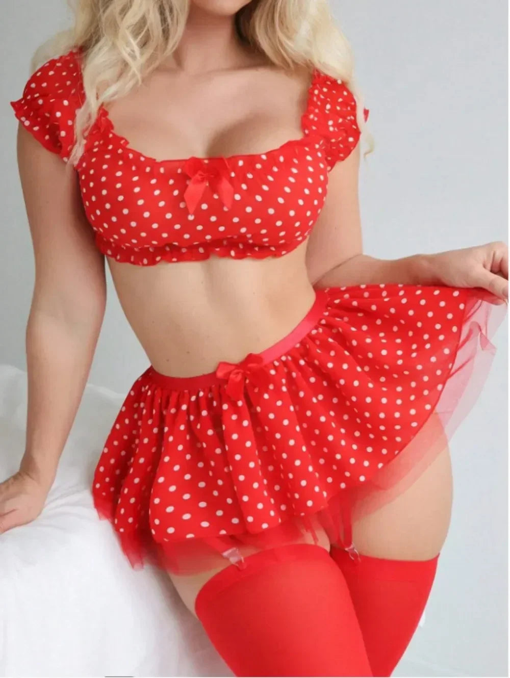 Women's Polka Dot Off-Shoulder Puffy Skirt Lingerie Set – Sexy Bra & Garter Skirt Exotic Set | S–XL (Red, Blue)