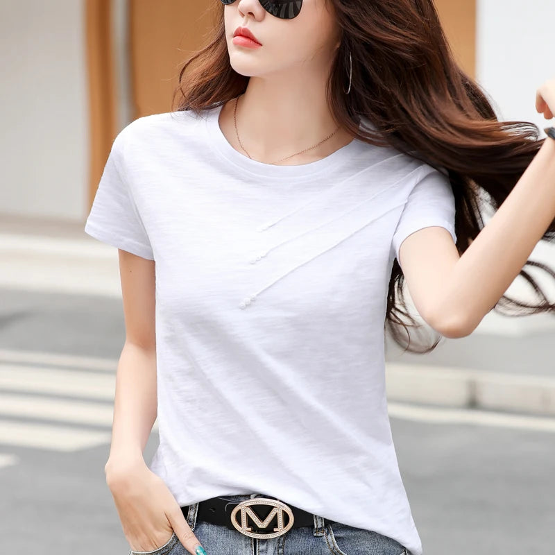 Women's slub cotton button tee, loose crew neck — view 2 of 20