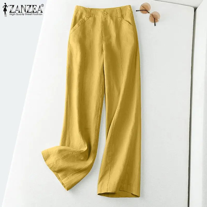 ZANZEA 2026 Spring Summer Cotton Linen Pants Women Long Trousers Wide Leg Plain Holiday Casual Pants Streetwear Fashion Bottoms