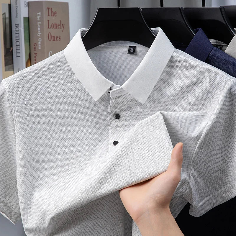 Men's Textured Polo Shirt - Solid Lapel, Breathable Office Casual