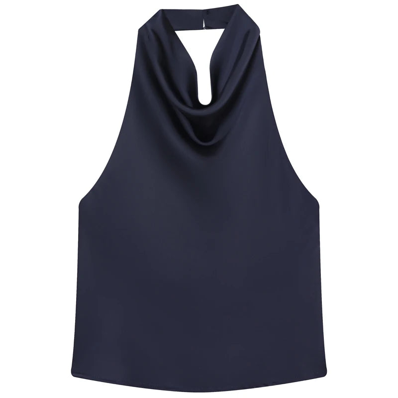 Women's Satin Halter Crop Top — Off-Shoulder Backless Sleeveless Cami