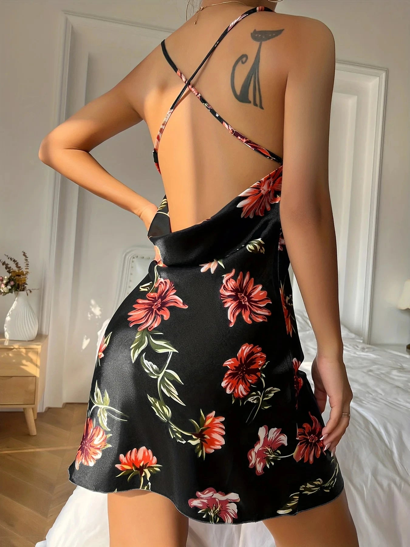 Women's Ice Silk Floral Print Slip Nightdress – Breathable Open Back Split Mid-Calf Pajama Dress | S–XL (9 Colors)