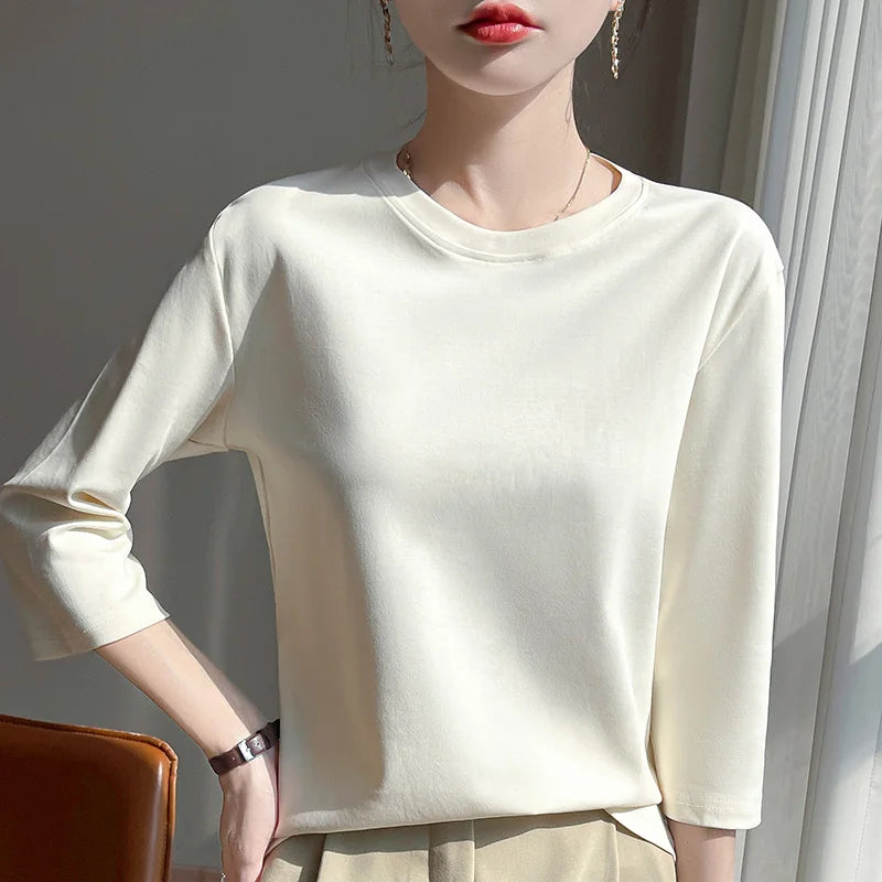 Women's Mercerized Cotton T-Shirt — Loose Round-Neck Half-Sleeve Top
