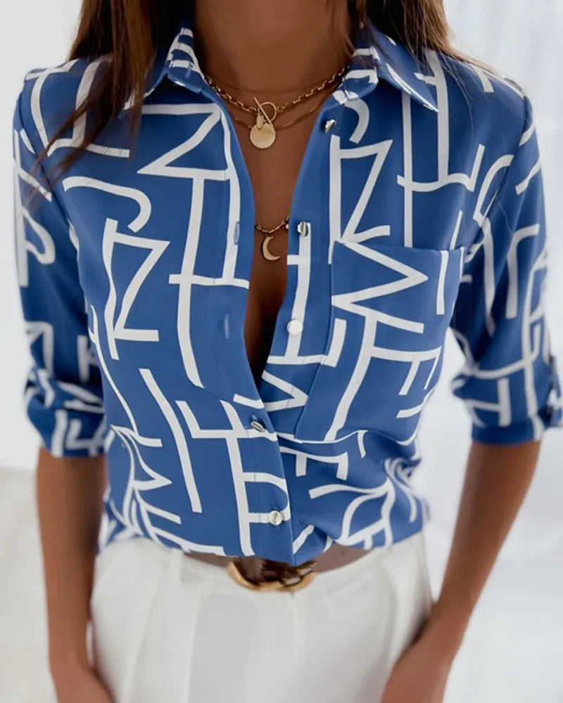 Elegant Women Blouse 2023 Spring and Autumn Temperament Top Long Sleeve Stripe Print Office Slim Fit Pocket Shirt