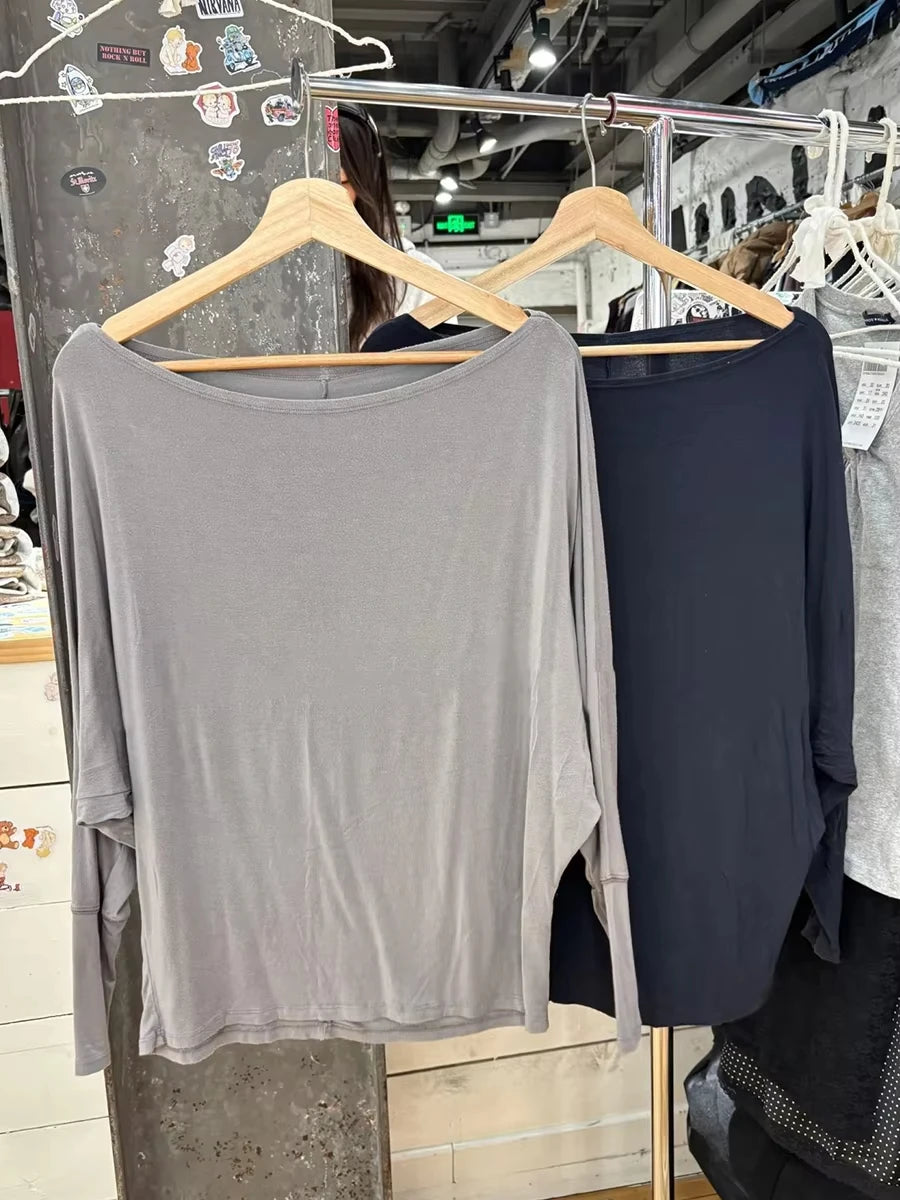 Long Batwing Sleeve T-shirts Woman Sexy Slash Neck Cotton Tee Shirts Female Casual Simple All-match Tshirts New Y2k Tops