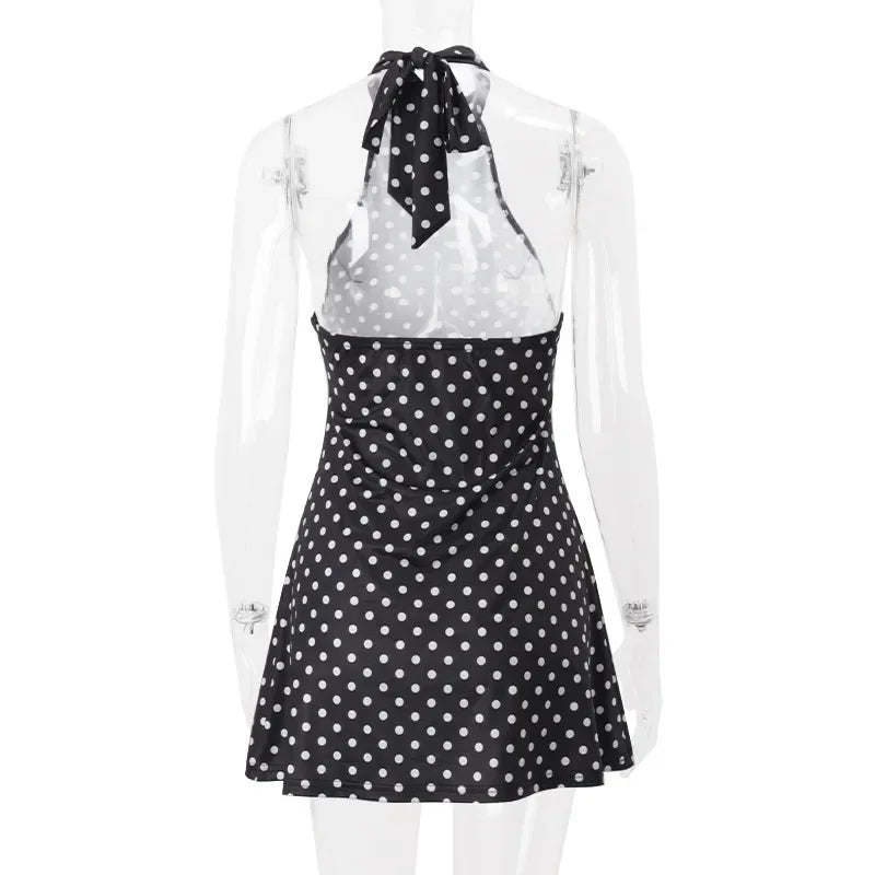 Chic Backless Polka Dot Halter Dress Women's Sleeveless Off Shoulder Lace Up Mini Vestidos 2026 Summer Lady Holiday Party Robe
