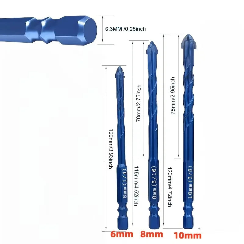 3 Pc Tungsten Carbide Masonry Drill Bits, Hex Shank Serrated