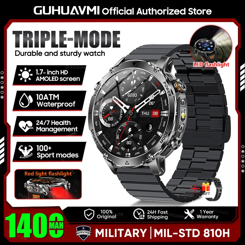 Rugged Outdoor Smart Watch — 1400mAh, 10ATM, Torch & BT Call