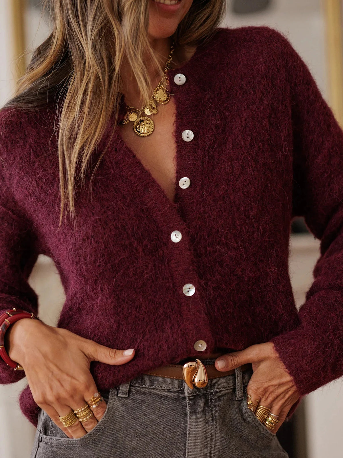 New Autumn/Winter Women's Cardigan Sweater, Burgundy Fitted Round Neck Knit Cardigan, Casual and Elegant, Versatile for Commuting