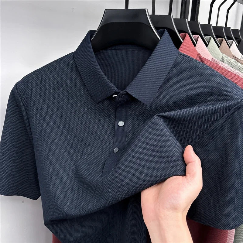 Men's Wavy-Texture Mesh Polo - Sweat-Wicking Lapel, Lightweight