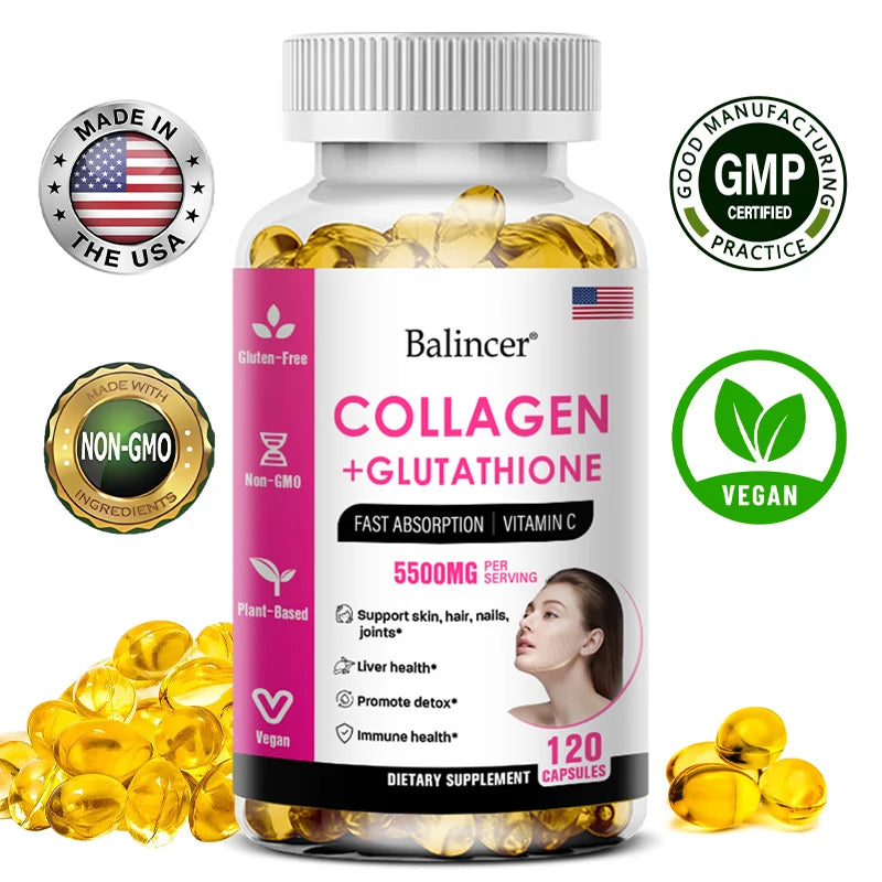 Bcuelov Glutathione & Collagen Supplement – Antioxidant Whitening Capsules for Skin Health, Hair, Nails & Anti-Aging | 30/60/120 Count