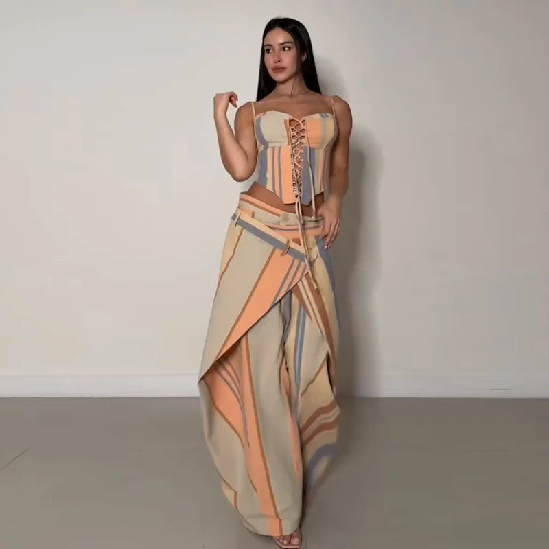 Corset Cami & Pleated Wide-Leg Pants Set — Y2K 2-Piece