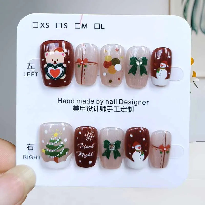 10 Pcs Christmas Atmosphere Press on Nails Cute Christmas Tree Bear Snowflake and Santa Claus Handmade Nails Patch Fake Nails