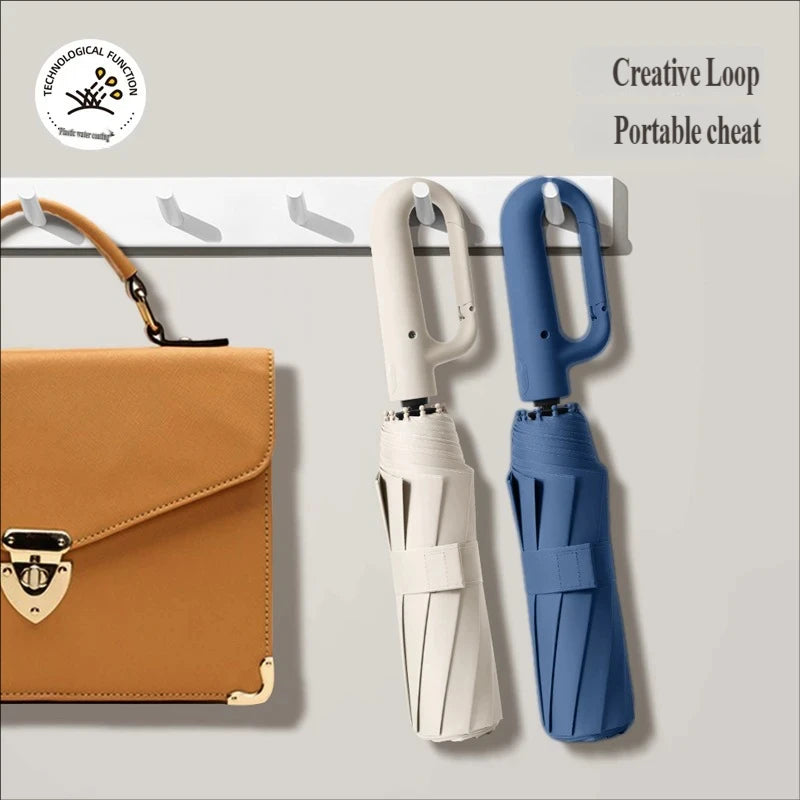 Large Automatic Ring Buckle Folding Umbrella • Business Custom • Black Glue • Windproof • Sun & Rain Dual-Use