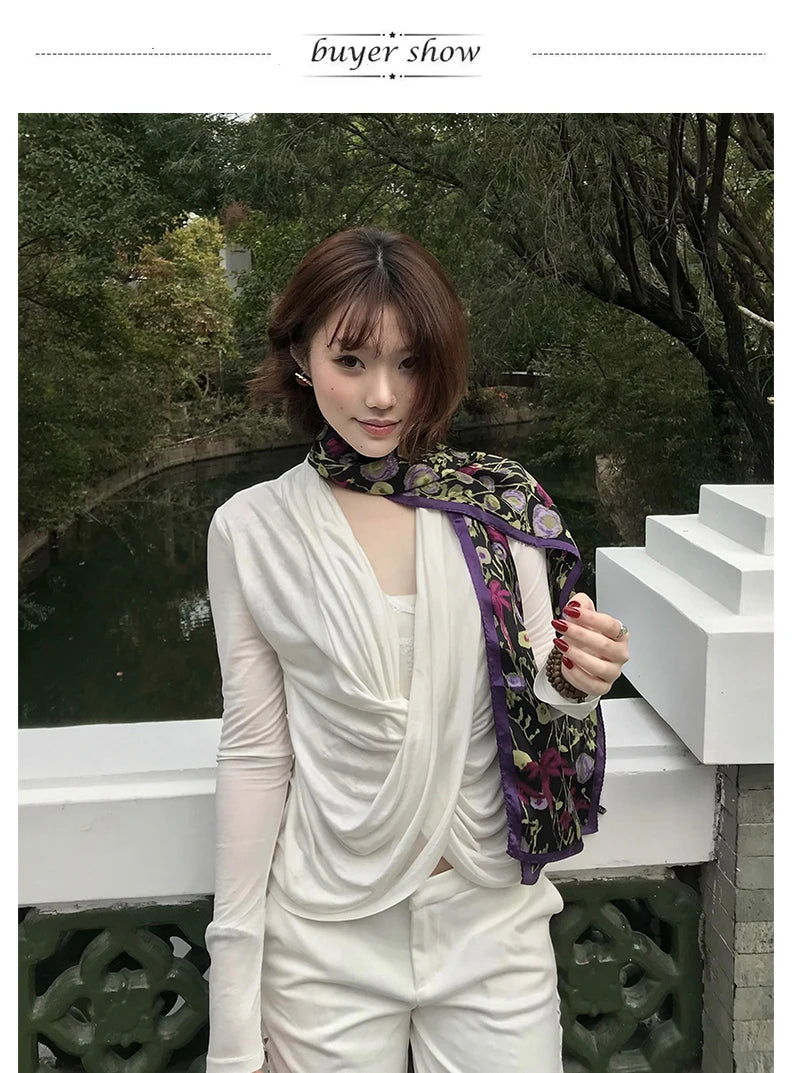 Karrram Japanese Y2k Cross Tops Trashy 2000s Style V-neck Long Sleeve T-shirt Vintage Harajuku White Irregular Tops American 90s